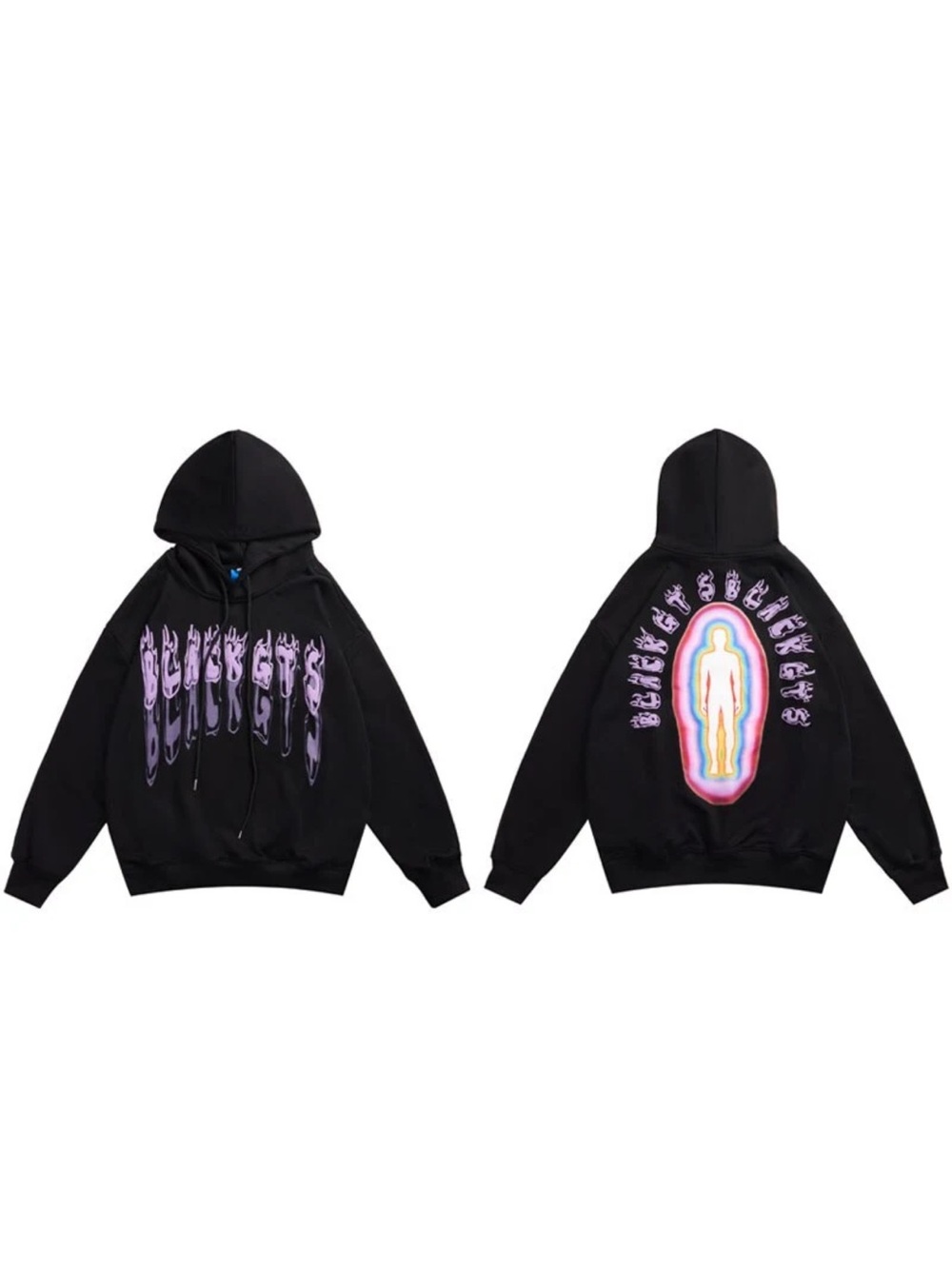 Aelfric Eden Black Crewneck Hoodie with Purple Flame and Multicolor Aura Graphic